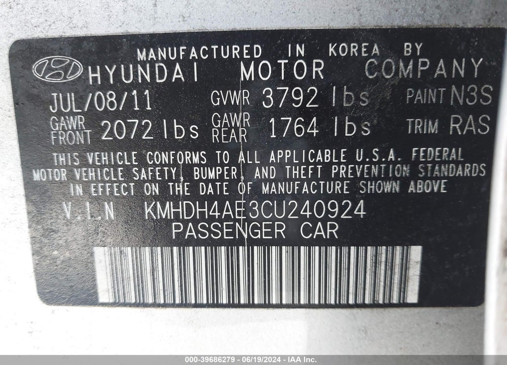 2012 HYUNDAI ELANTRA GLS (ULSAN PLANT) VIN: KMHDH4AE3CU240924