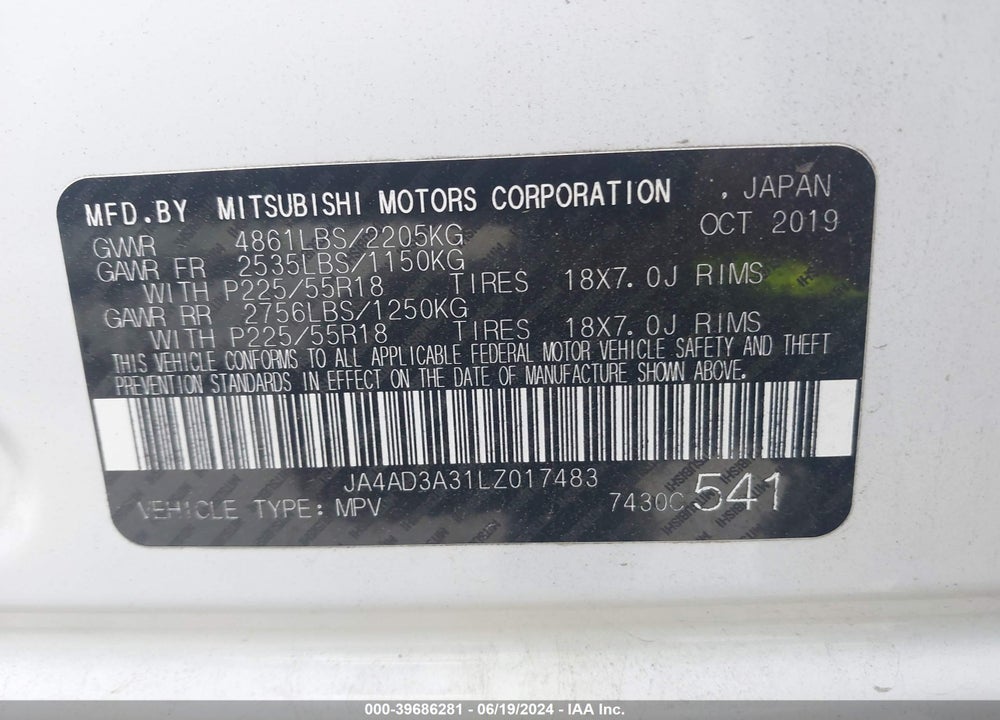 2020 MITSUBISHI OUTLANDER LE 2.4 VIN: JA4AD3A31LZ017483