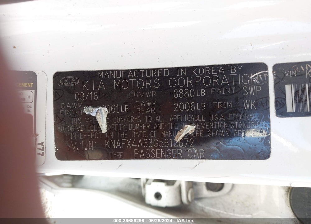 2016 KIA FORTE LX VIN: KNAFX4A63G5612672