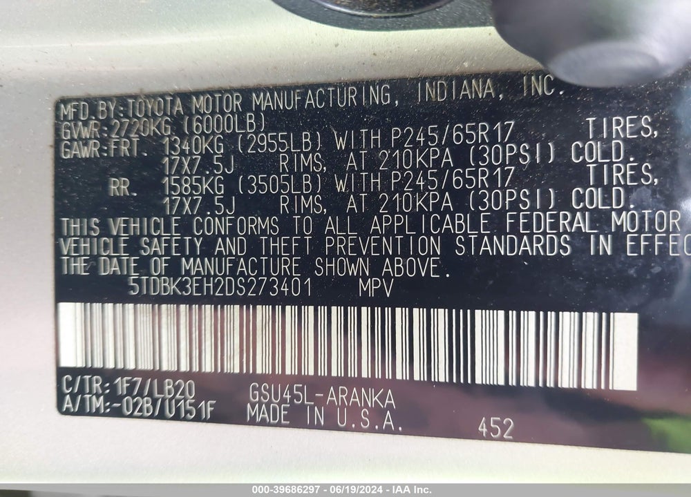 2013 TOYOTA HIGHLANDER SE V6 VIN: 5TDBK3EH2DS273401
