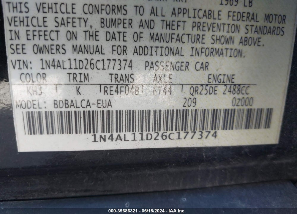 2006 NISSAN ALTIMA 2.5 S VIN: 1N4AL11D26C177374