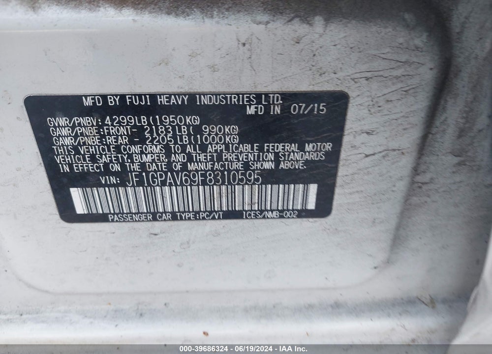 2015 SUBARU IMPREZA 2.0I SPORT LIMITED VIN: JF1GPAV69F8310595