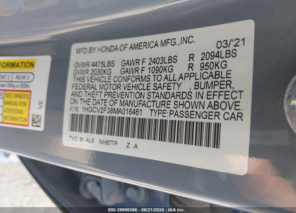 2021 HONDA ACCORD SPORT 2.0T VIN: 1HGCV2F38MA016461