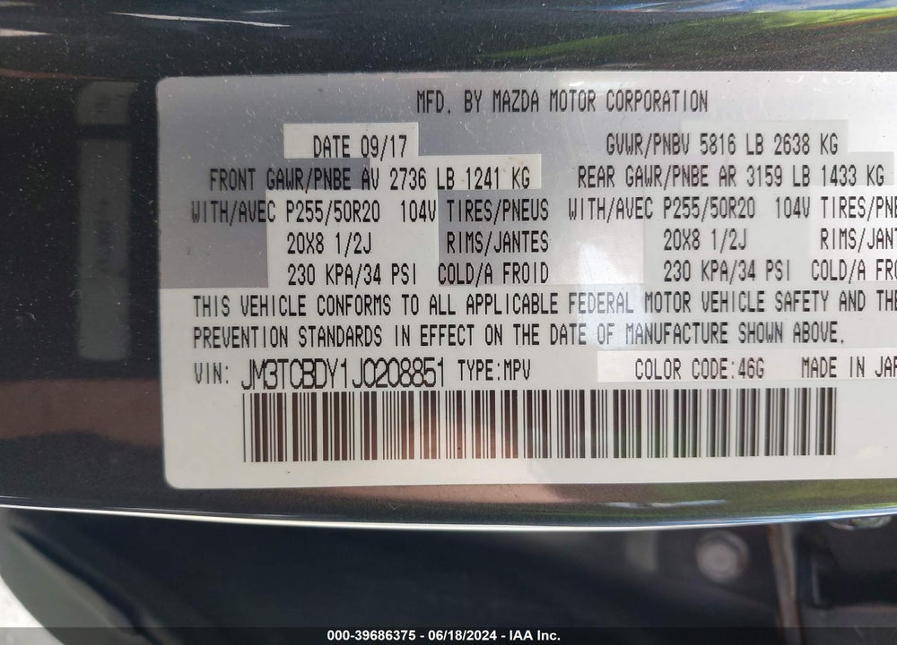 2018 MAZDA CX-9 GRAND TOURING VIN: JM3TCBDY1J0208851