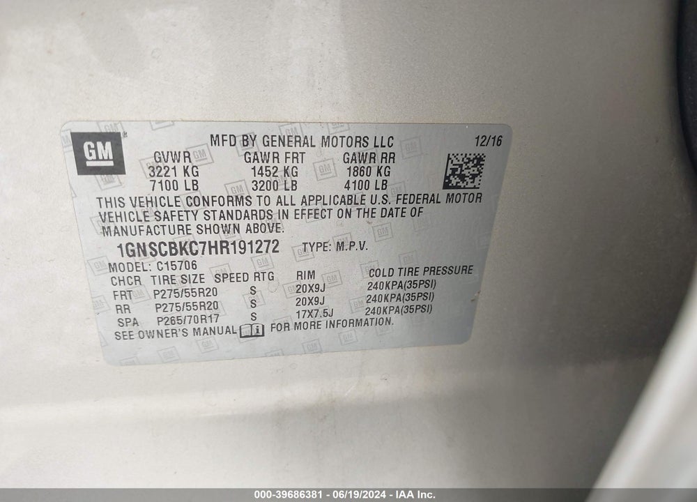 2017 CHEVROLET TAHOE LT VIN: 1GNSCBKC7HR191272