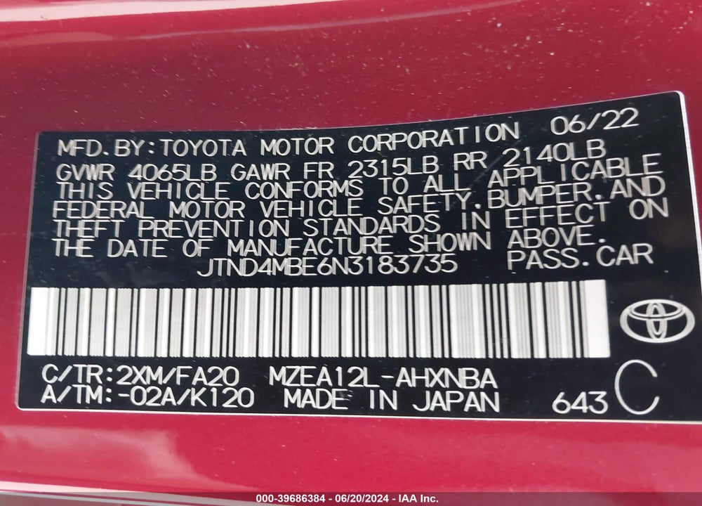 2022 TOYOTA COROLLA SE VIN: JTND4MBE6N3183735