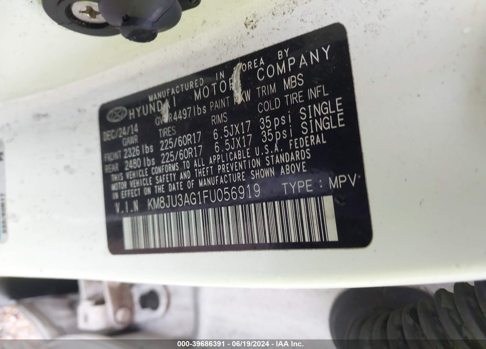 2015 HYUNDAI TUCSON SE VIN: KM8JU3AG1FU056919