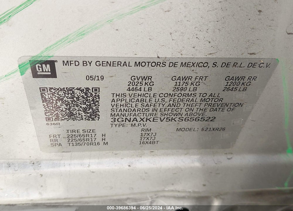 2019 CHEVROLET EQUINOX LT VIN: 3GNAXKEV5KS656522