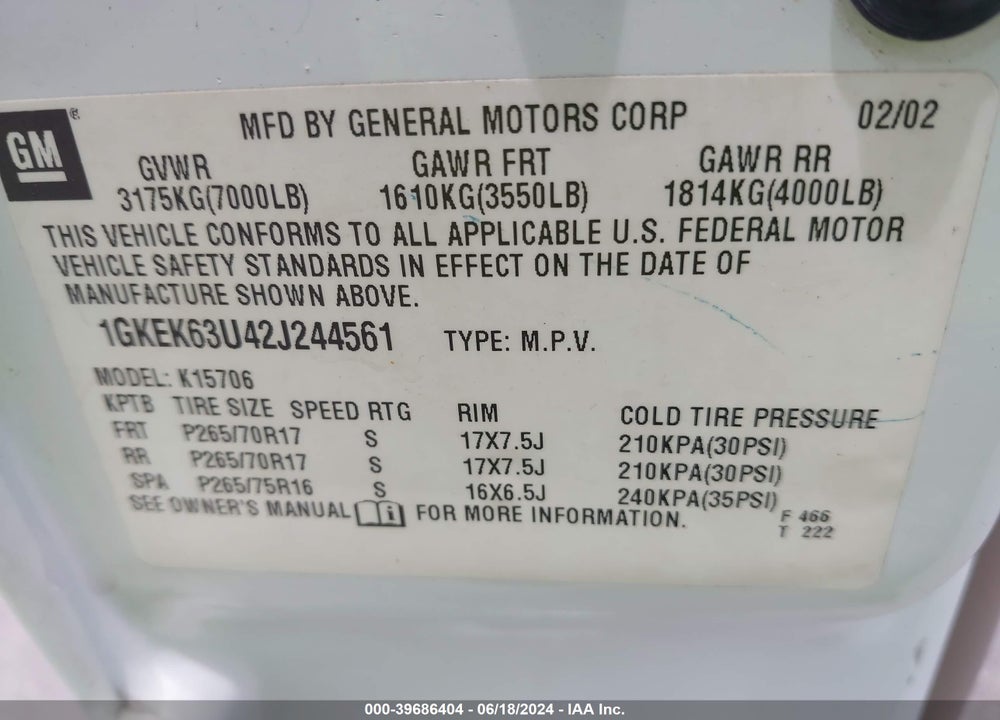 2002 GMC YUKON DENALI VIN: 1GKEK63U42J244561