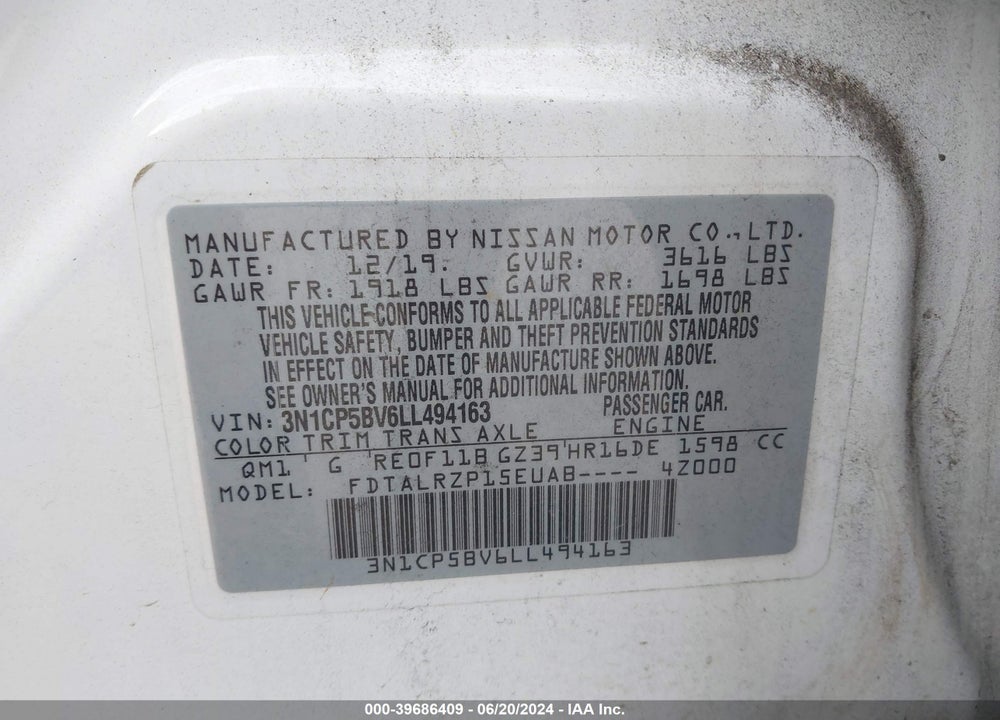 2020 NISSAN KICKS S XTRONIC CVT VIN: 3N1CP5BV6LL494163