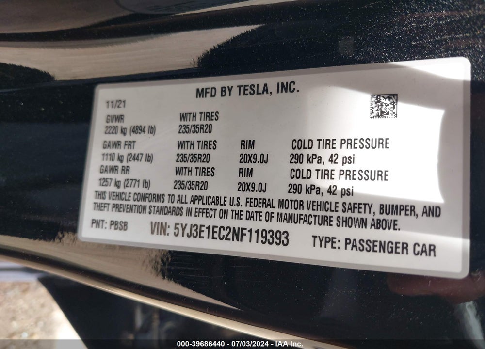 2022 TESLA MODEL 3 VIN: 5YJ3E1EC2NF119393