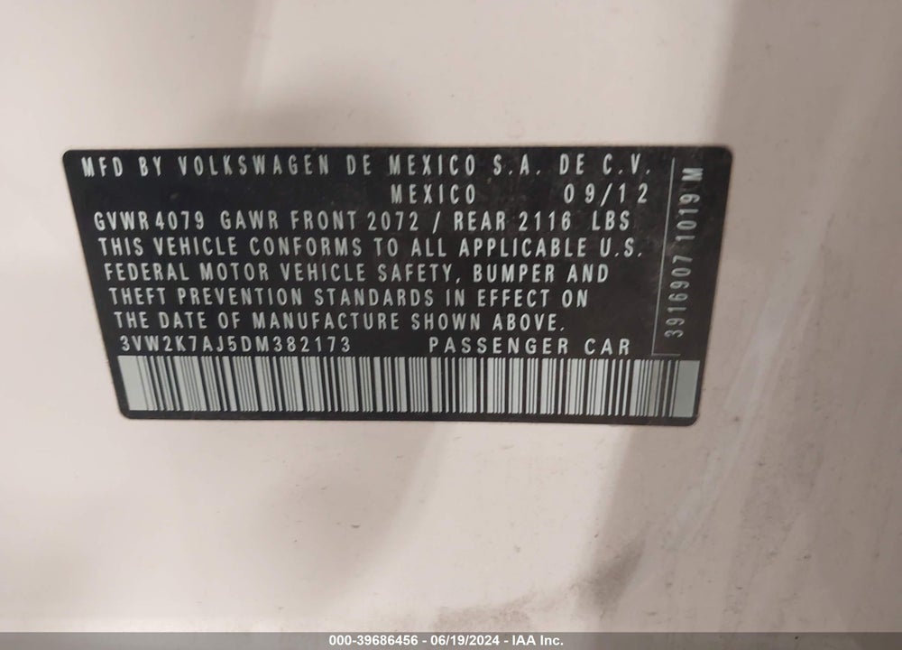 2013 VOLKSWAGEN JETTA 2.0L S VIN: 3VW2K7AJ5DM382173