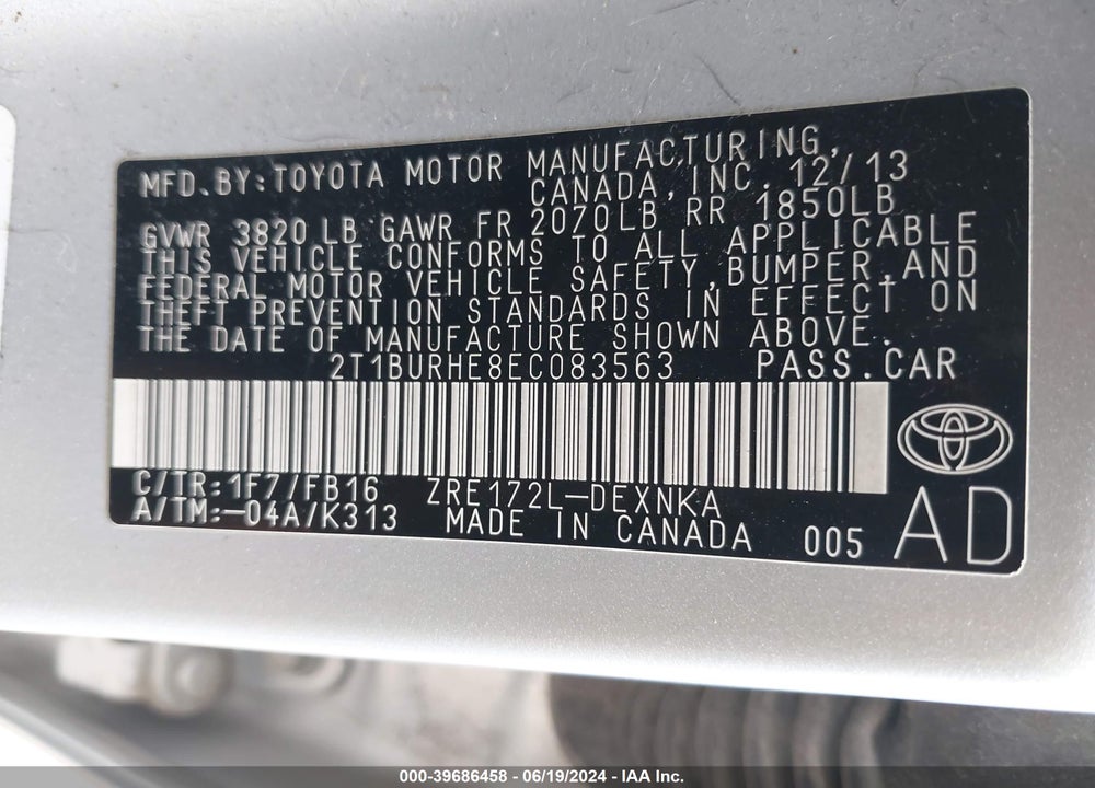 2014 TOYOTA COROLLA LE VIN: 2T1BURHE8EC083563