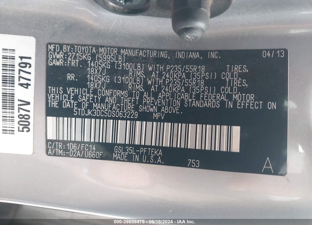 2013 TOYOTA SIENNA LE 7 PASSENGER VIN: 5TDJK3DC5DS063229