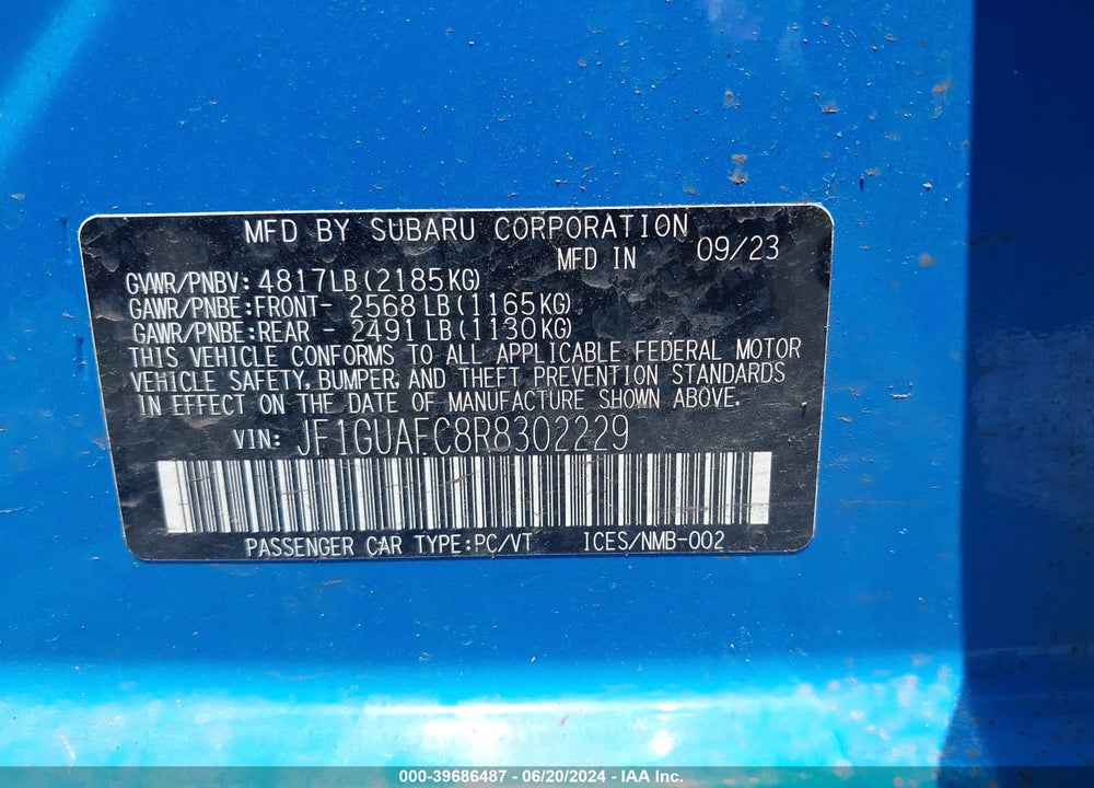 2024 SUBARU IMPREZA SPORT 5-DOOR VIN: JF1GUAFC8R8302229
