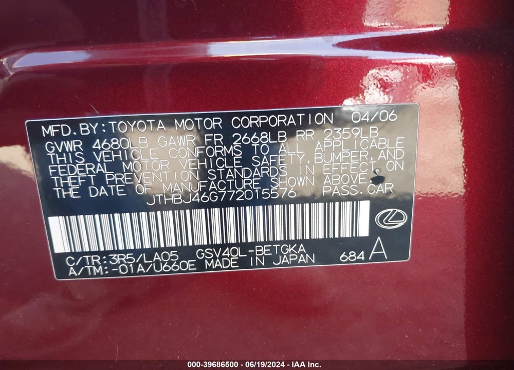 2007 LEXUS ES 350 VIN: JTHBJ46G772015576