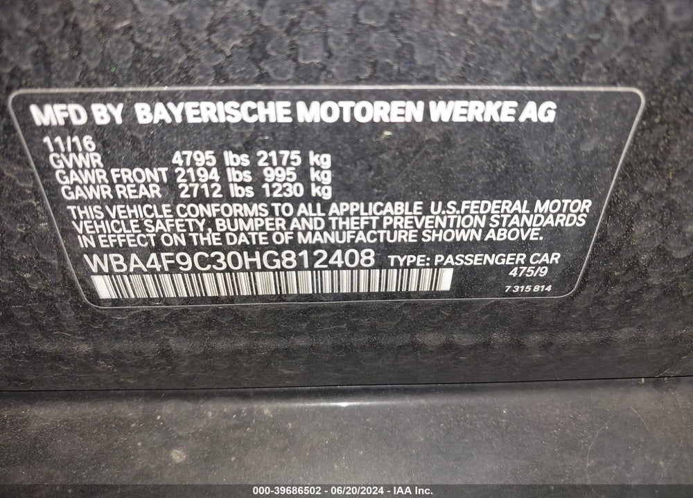 2017 BMW 430XI VIN: WBA4F9C30HG812408