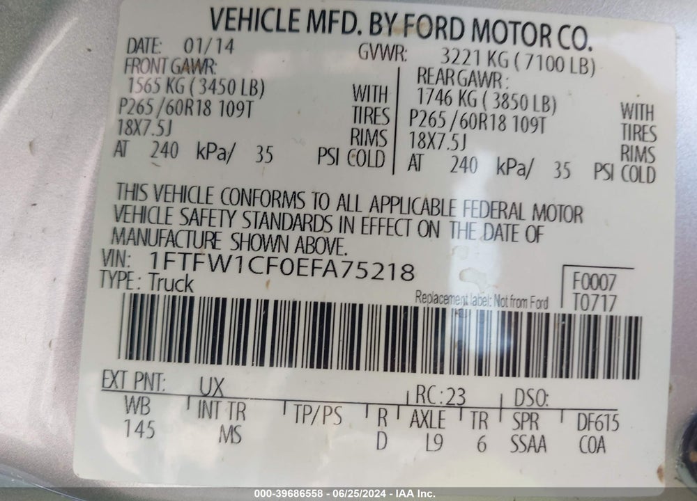 2014 FORD F-150 XLT VIN: 1FTFW1CF0EFA75218