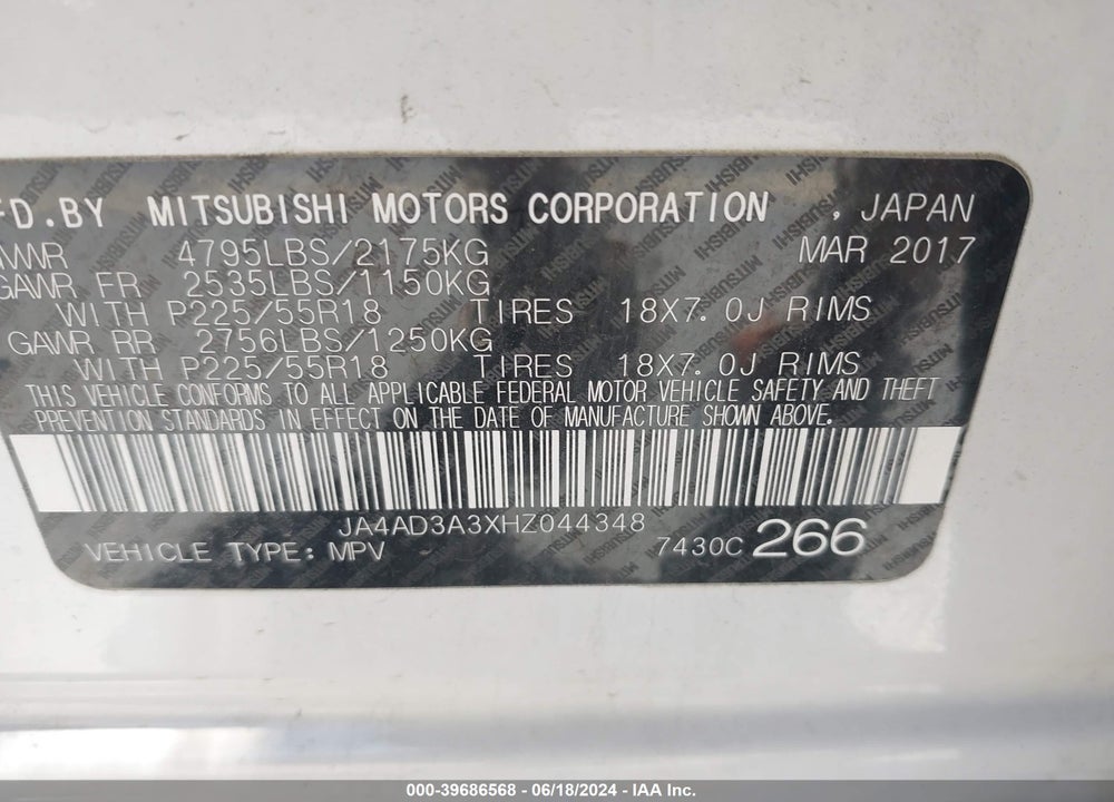 2017 MITSUBISHI OUTLANDER SE VIN: JA4AD3A3XHZ044348