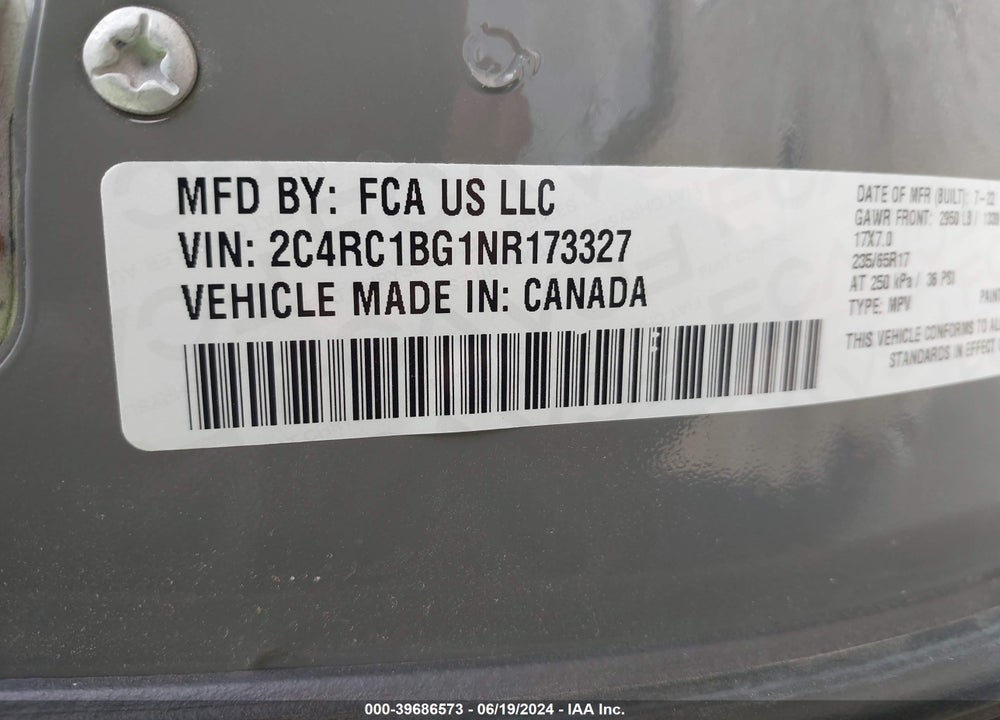 2022 CHRYSLER PACIFICA TOURING L VIN: 2C4RC1BG1NR173327