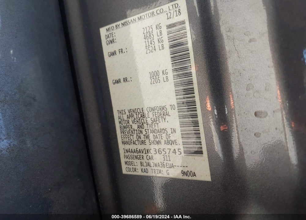 2019 NISSAN MAXIMA 3.5 SV VIN: 1N4AA6AV1KC365745