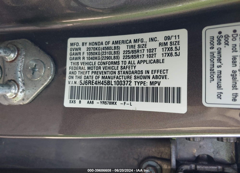 2011 HONDA CR-V SE VIN: 5J6RE4H45BL100372