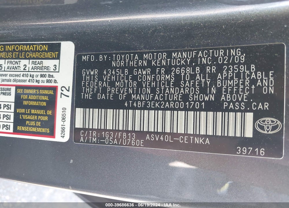 2010 TOYOTA CAMRY LE VIN: 4T4BF3EK2AR001701
