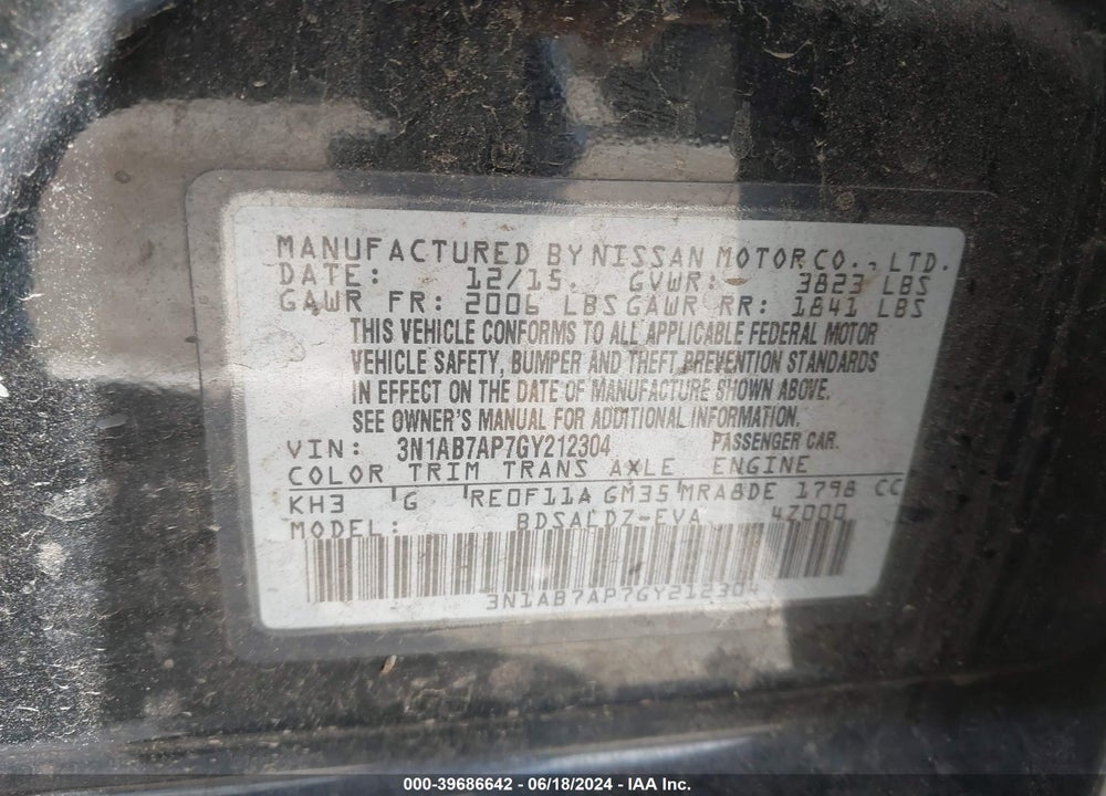2016 NISSAN SENTRA SV VIN: 3N1AB7AP7GY212304