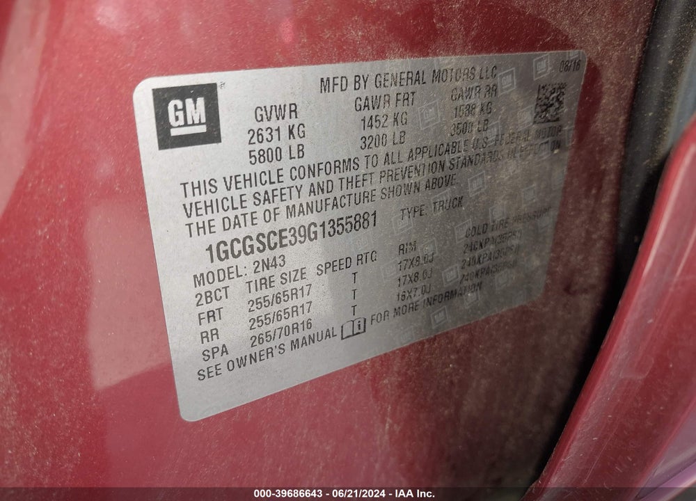 2016 CHEVROLET COLORADO LT VIN: 1GCGSCE39G1355881