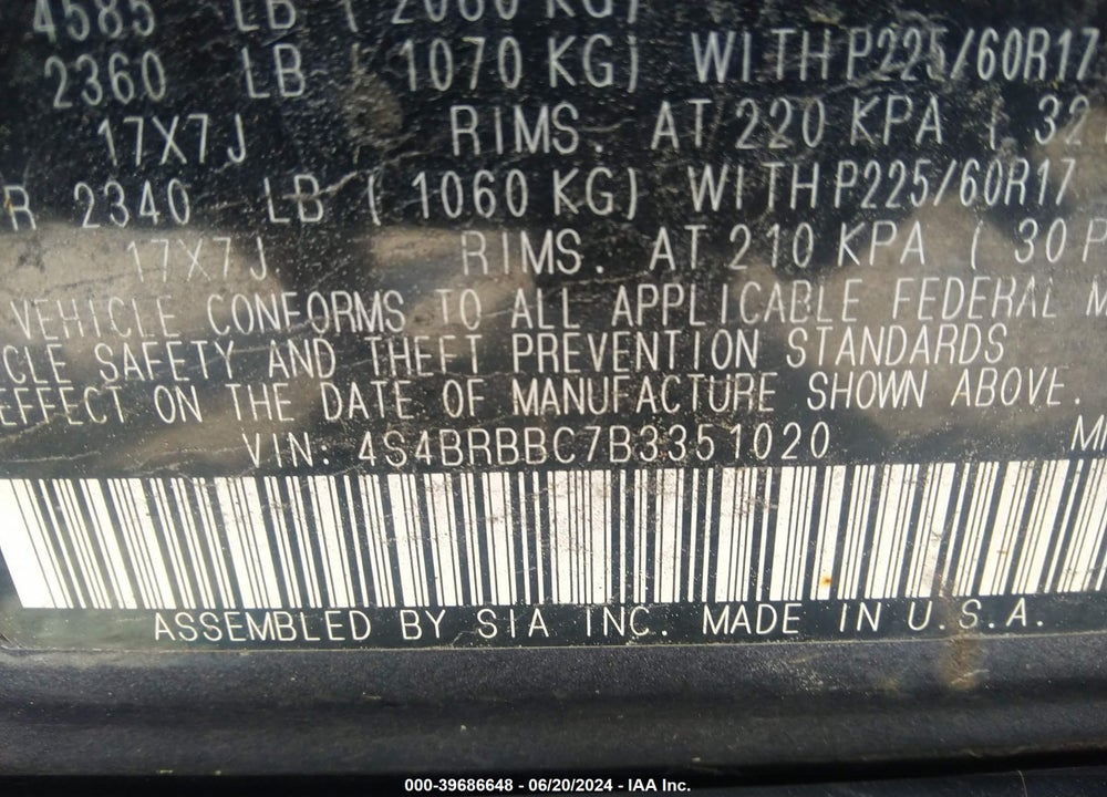 2011 SUBARU OUTBACK 2.5I PREMIUM VIN: 4S4BRBBC7B3351020