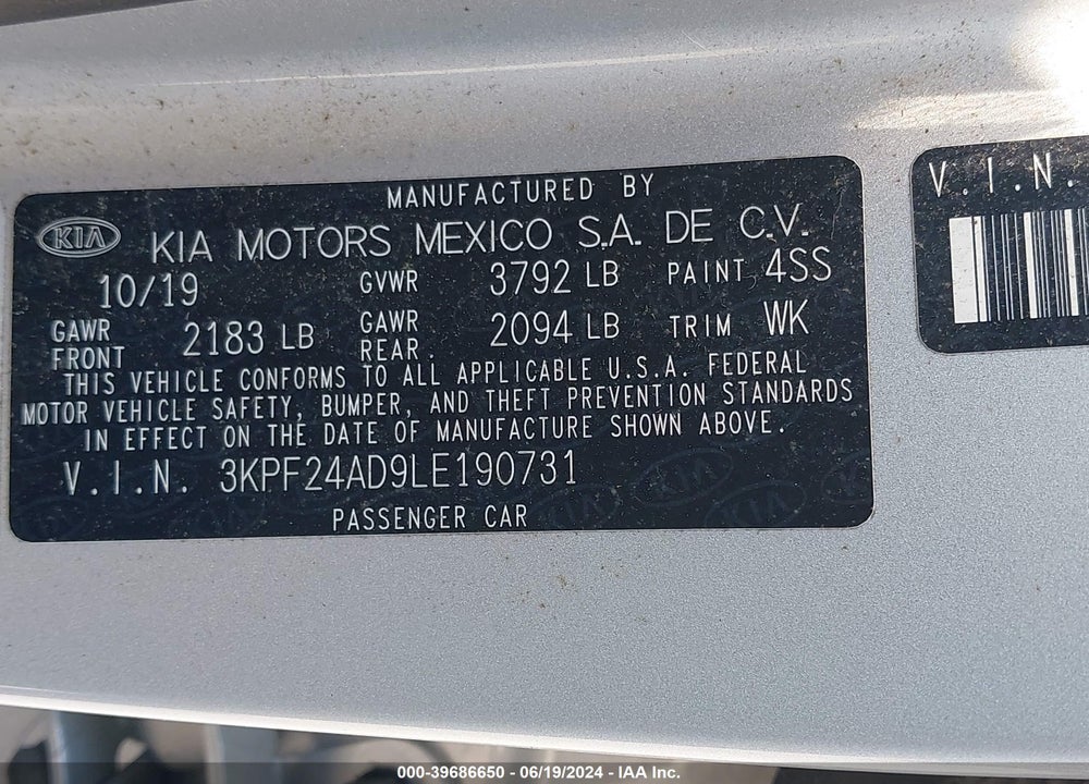 2020 KIA FORTE LXS VIN: 3KPF24AD9LE190731