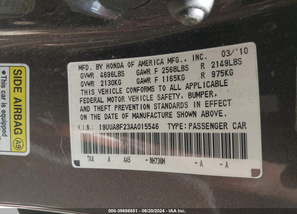 2010 ACURA TL 3.5 VIN: 19UUA8F23AA015546