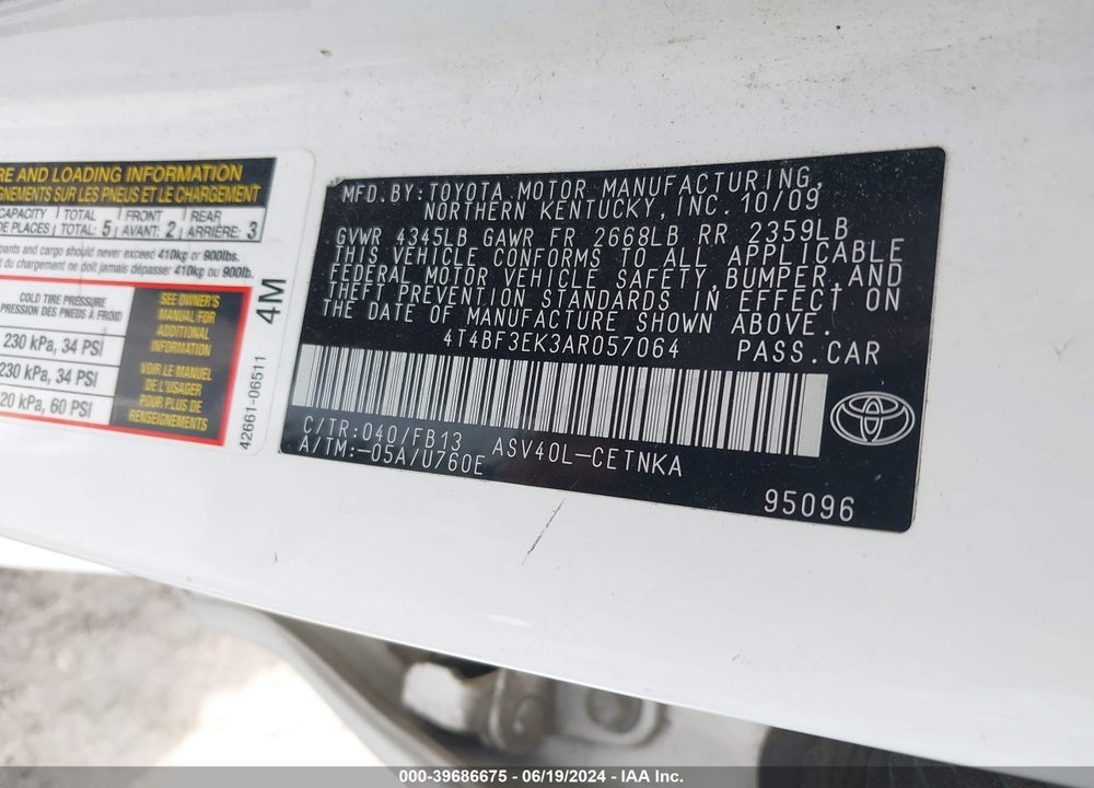 2010 TOYOTA CAMRY LE VIN: 4T4BF3EK3AR057064