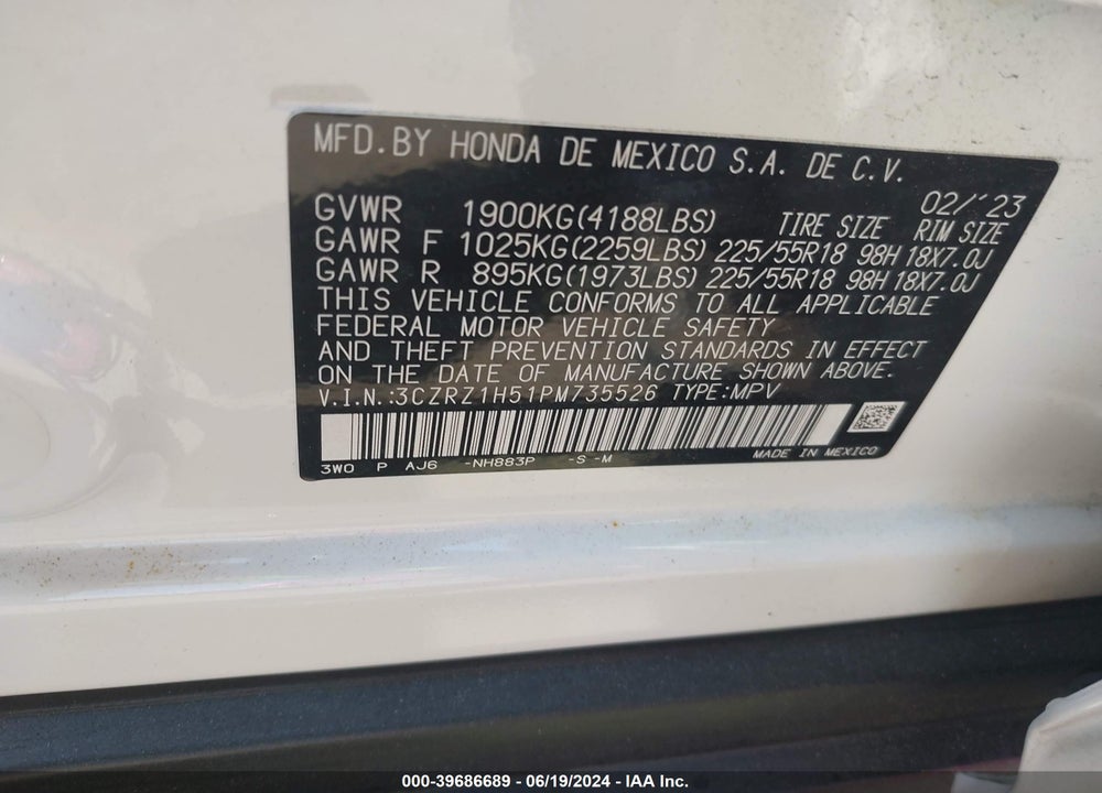 2023 HONDA HR-V 2WD SPORT VIN: 3CZRZ1H51PM735526