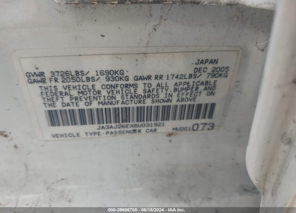 2006 MITSUBISHI LANCER ES/SE VIN: JA3AJ26EX6U031921