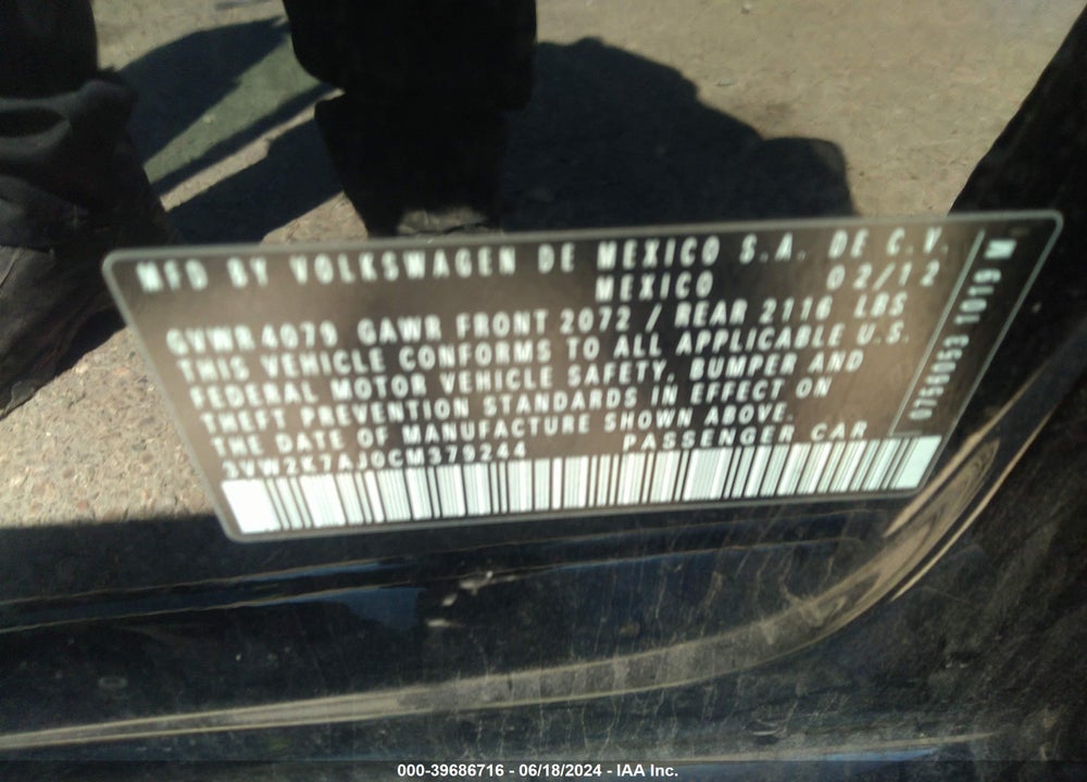 2012 VOLKSWAGEN JETTA 2.0L S VIN: 3VW2K7AJ0CM379244