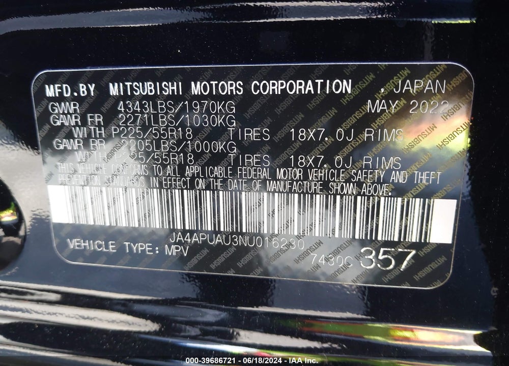 2022 MITSUBISHI OUTLANDER SPORT 2.0 BE 2WD/2.0 ES 2WD/2.0 LE 2WD/2.0 S 2WD VIN: JA4APUAU3NU016230
