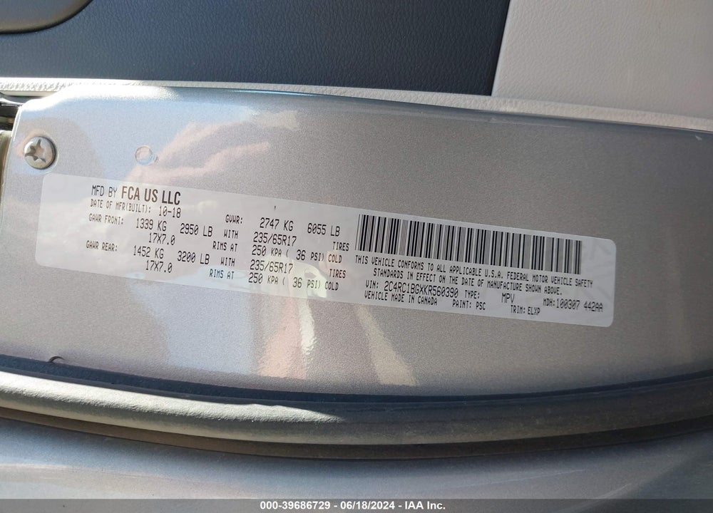 2019 CHRYSLER PACIFICA TOURING L VIN: 2C4RC1BGXKR560390