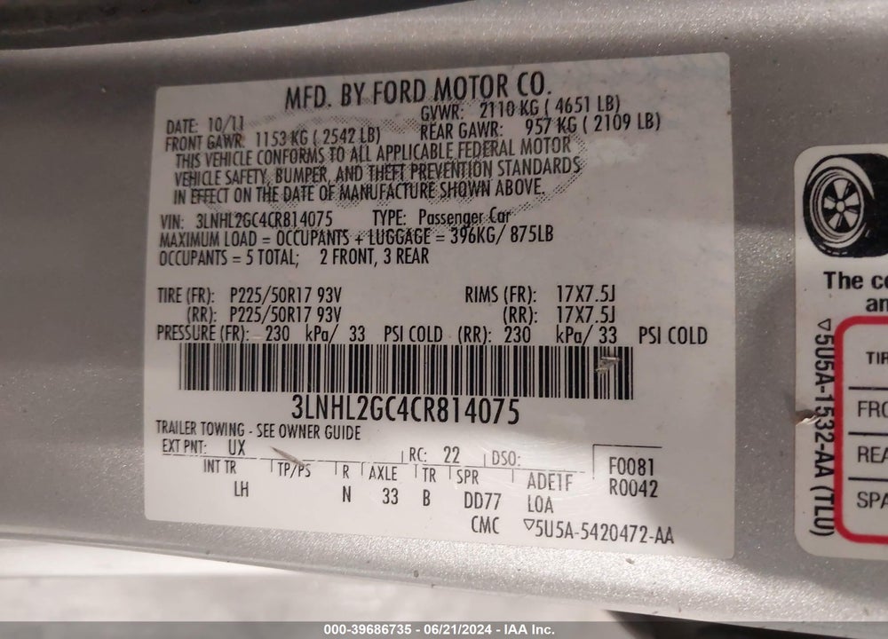 2012 LINCOLN MKZ VIN: 3LNHL2GC4CR814075