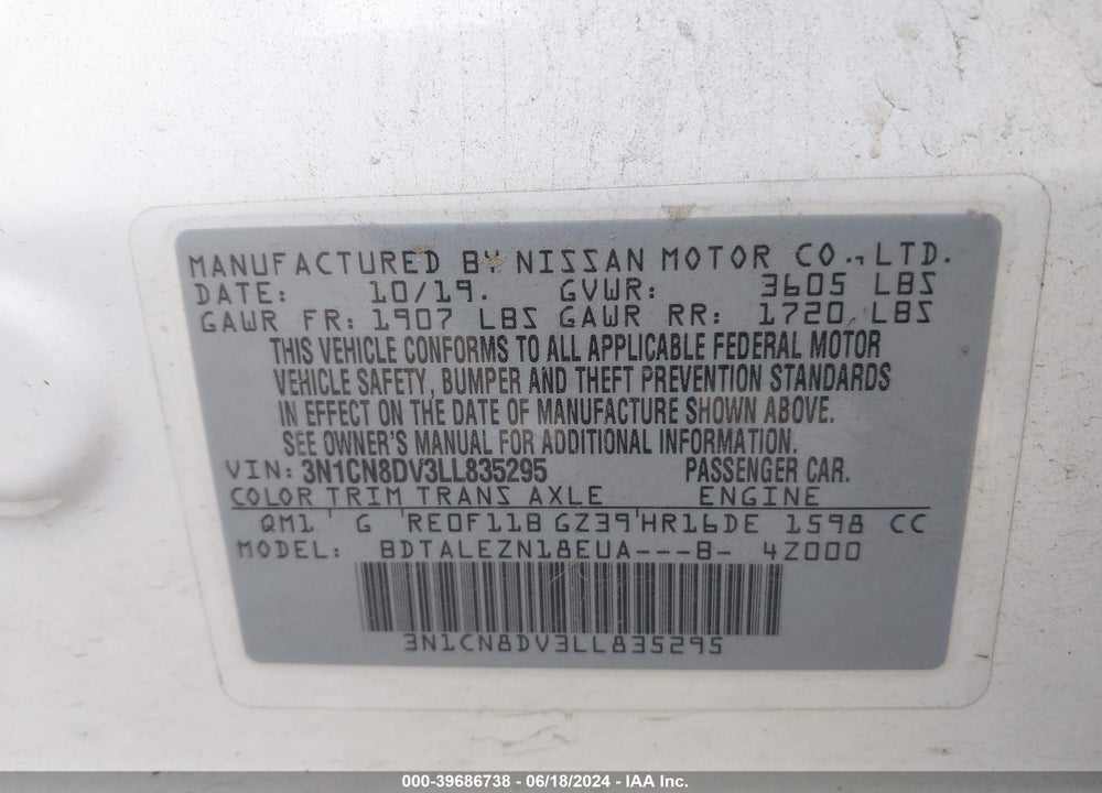2020 NISSAN VERSA VIN: 3N1CN8DV3LL835295