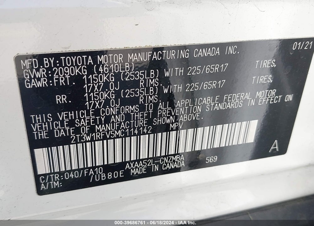 2021 TOYOTA RAV4 XLE VIN: 2T3W1RFV5MC114142