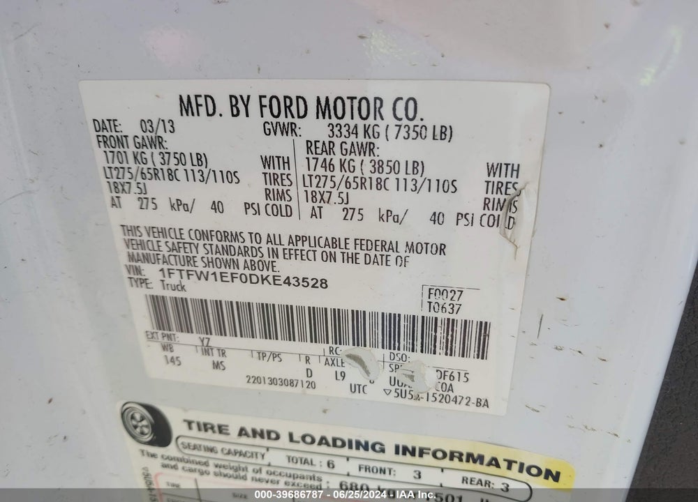 2013 FORD F-150 XLT VIN: 1FTFW1EF0DKE43528