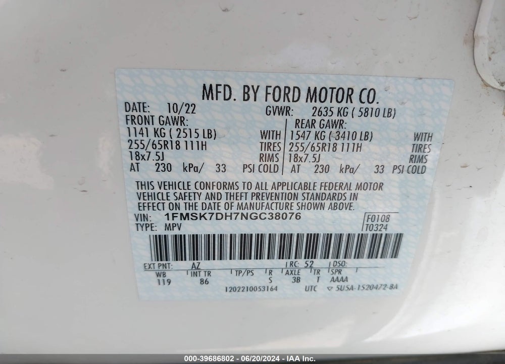 2022 FORD EXPLORER XLT VIN: 1FMSK7DH7NGC38076