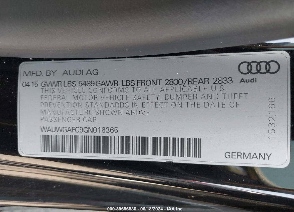 2016 AUDI A7 3.0T PREMIUM PLUS VIN: WAUWGAFC9GN016365