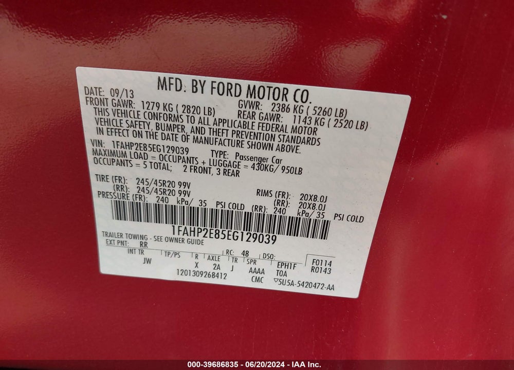 2014 FORD TAURUS SEL VIN: 1FAHP2E85EG129039