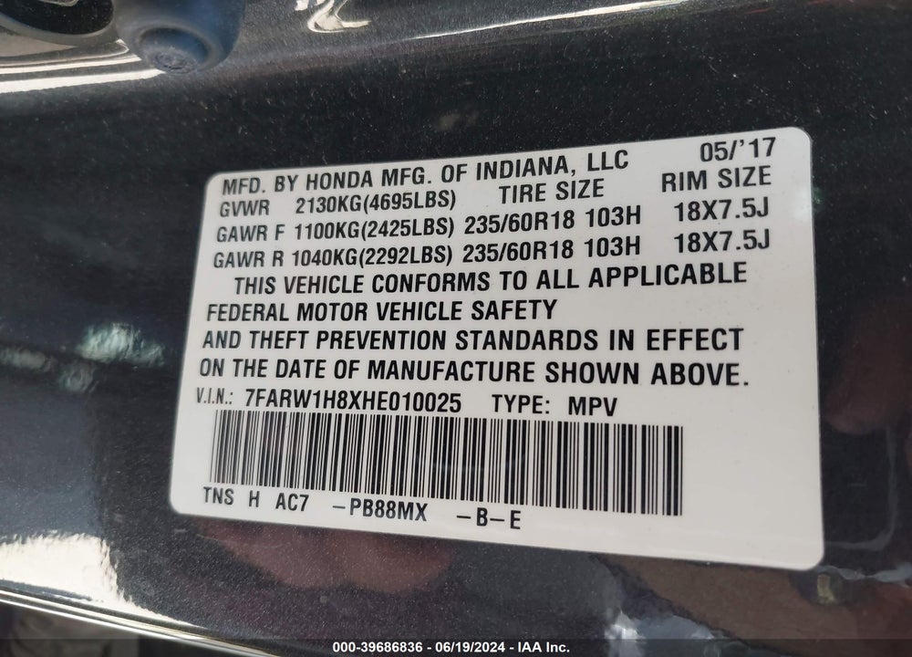 2017 HONDA CR-V EX-L/EX-L NAVI VIN: 7FARW1H8XHE010025