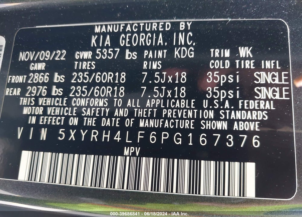 2023 KIA SORENTO EX VIN: 5XYRH4LF6PG167376