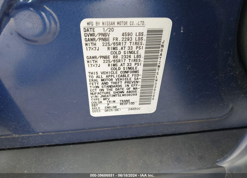 2020 NISSAN ROGUE SV FWD VIN: JN8AT2MT5LW038289