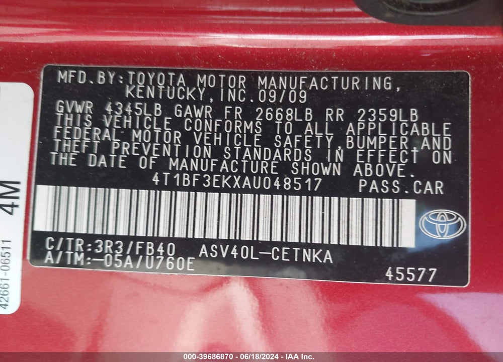 2010 TOYOTA CAMRY LE VIN: 4T1BF3EKXAU048517