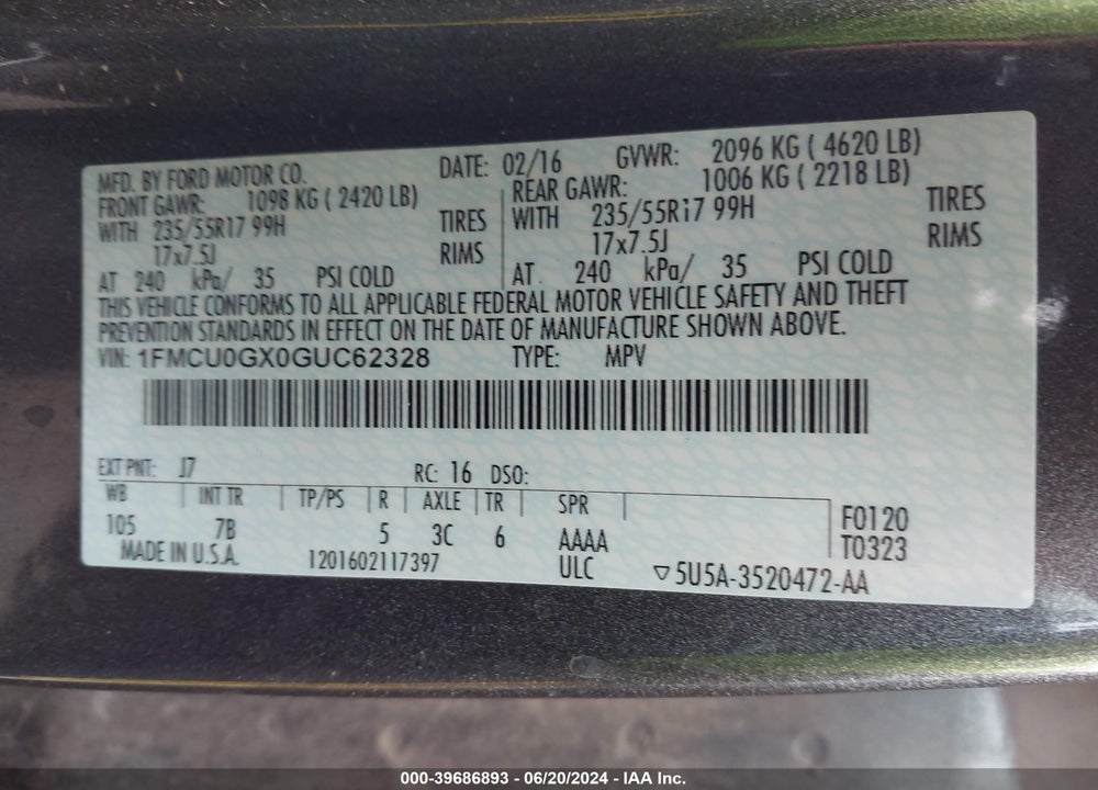 2016 FORD ESCAPE SE VIN: 1FMCU0GX0GUC62328